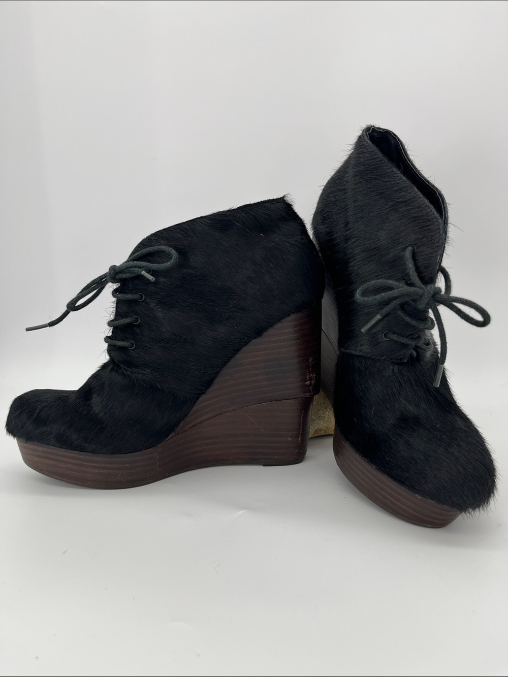 Matiko Black Calf-Hair Lace-Up Wedge Booties